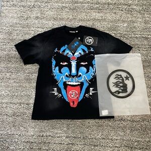 Black Graphic T-Shirt with Blue and Red Design